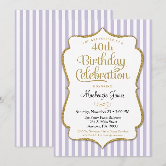 Birthday Invitation Lavender Lila Gold Adult Teen Kaart (Voorkant / Achterkant)
