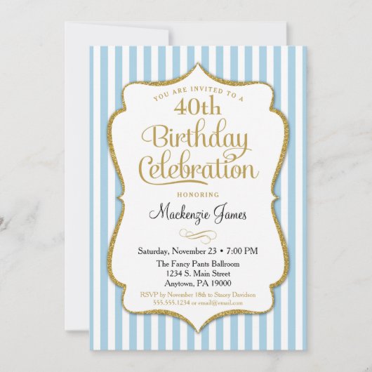 Birthday Invitation Light Blue Gold Adult Teen Kaart (Voorkant)