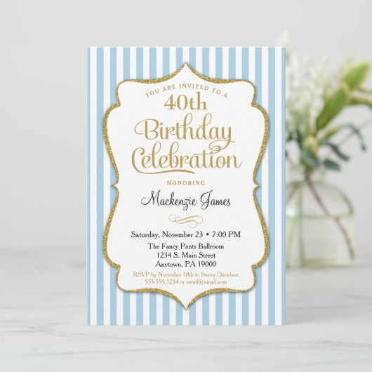 Birthday Invitation Light Blue Gold Adult Teen Kaart (Staand voorkant)