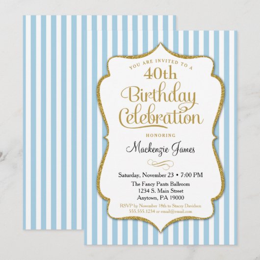 Birthday Invitation Light Blue Gold Adult Teen Kaart (Voorkant / Achterkant)