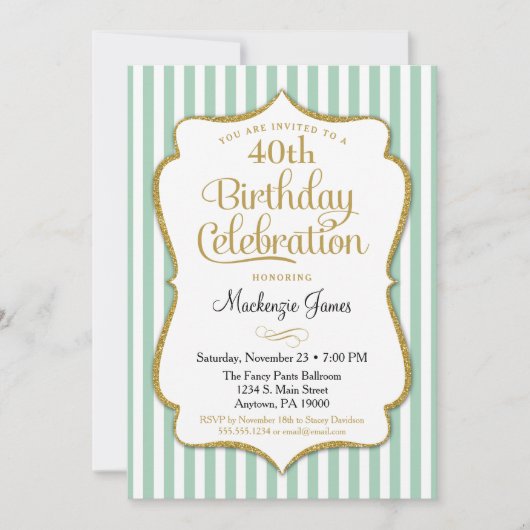 Birthday Invitation Munt Green Gold Adult Teen Kaart (Voorkant)