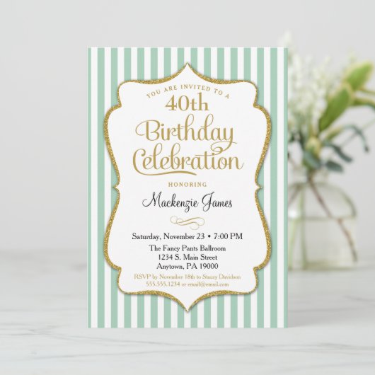 Birthday Invitation Munt Green Gold Adult Teen Kaart (Staand voorkant)