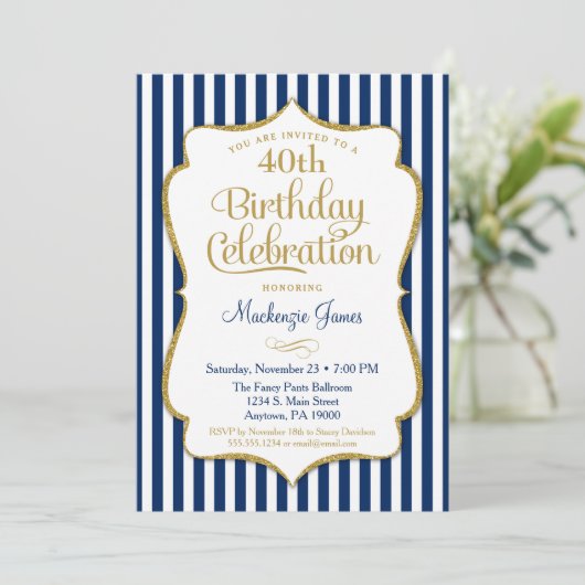 Birthday Invitation Navy Blue Gold Adult Kaart (Staand voorkant)