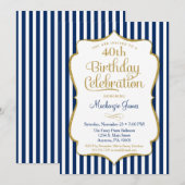 Birthday Invitation Navy Blue Gold Adult Kaart (Voorkant / Achterkant)