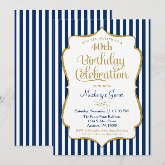 Birthday Invitation Navy Blue Gold Adult Kaart (Voorkant / Achterkant)