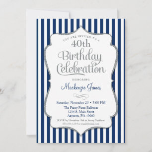 Birthday Invitation Navy Blue Silver Adult Kaart