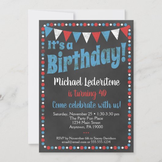 Birthday Invitation Red Blue Chalkboard Kaart (Voorkant)