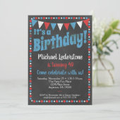 Birthday Invitation Red Blue Chalkboard Kaart (Staand voorkant)