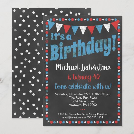 Birthday Invitation Red Blue Chalkboard Kaart (Voorkant / Achterkant)