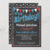 Birthday Invitation Red Blue Chalkboard