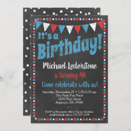 Birthday Invitation Red Blue Chalkboard Kaart