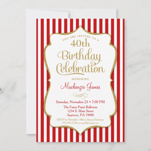 Birthday Invitation Red Gold Adult Tween Kaart (Voorkant)
