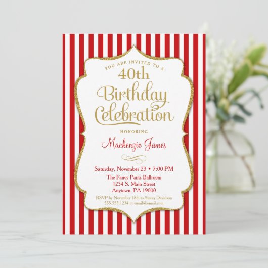 Birthday Invitation Red Gold Adult Tween Kaart (Staand voorkant)