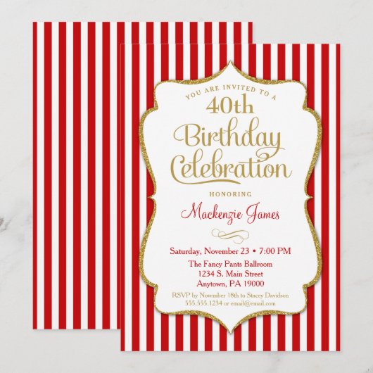 Birthday Invitation Red Gold Adult Tween Kaart (Voorkant / Achterkant)