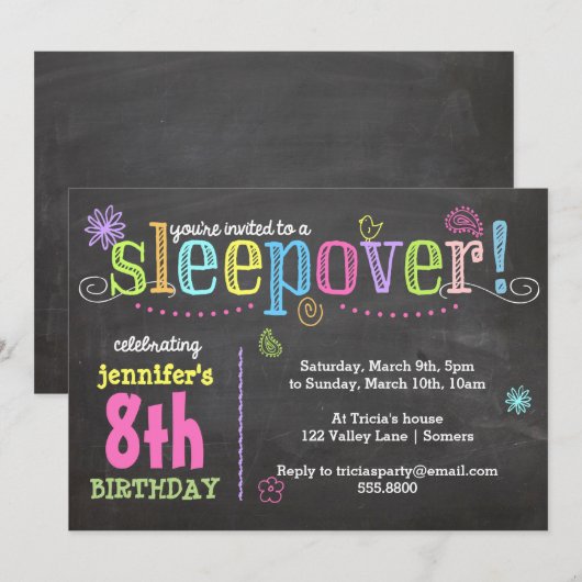 Birthday Invitation-Sleepover Party, Chalk + Neon Kaart (Voorkant / Achterkant)