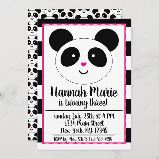 Birthday Invitation striped Panda Party Kaart (Voorkant / Achterkant)