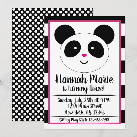 Birthday Invitation striped Panda Party Kaart (Voorkant / Achterkant)