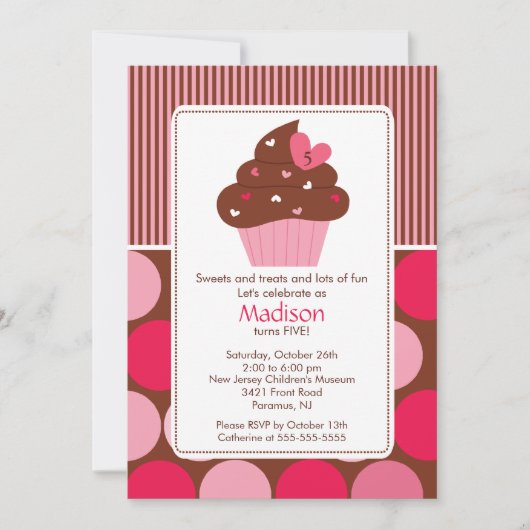 Birthday Invitation Sweet Heart Cupcake Pink Brown Kaart (Voorkant)