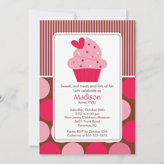 Birthday Invitation Sweet Heart Cupcake Pink Brown Kaart (Voorkant)