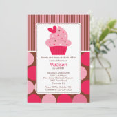 Birthday Invitation Sweet Heart Cupcake Pink Brown Kaart (Staand voorkant)