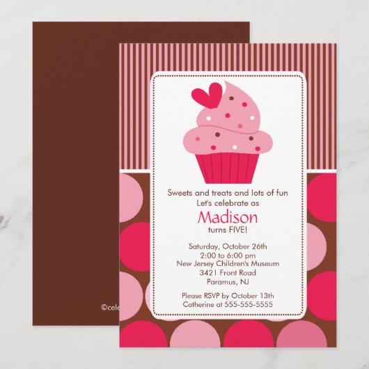 Birthday Invitation Sweet Heart Cupcake Pink Brown Kaart (Voorkant / Achterkant)