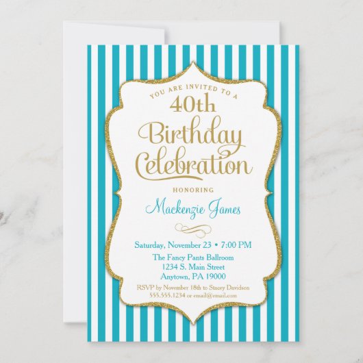 Birthday Invitation Turquoise Aqua Gold Adult Teen Kaart (Voorkant)