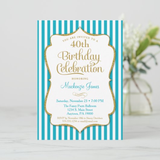 Birthday Invitation Turquoise Aqua Gold Adult Teen Kaart (Staand voorkant)
