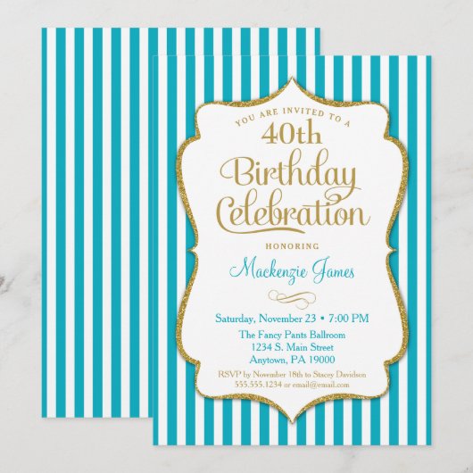 Birthday Invitation Turquoise Aqua Gold Adult Teen Kaart (Voorkant / Achterkant)