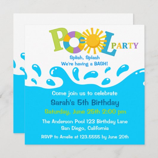 Birthday Invitation Water Splash Boy Pool Kaart (Voorkant / Achterkant)