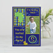 Birthday Invite - Dk. Blauwe/gele bubbels, foto Kaart (Staand voorkant)