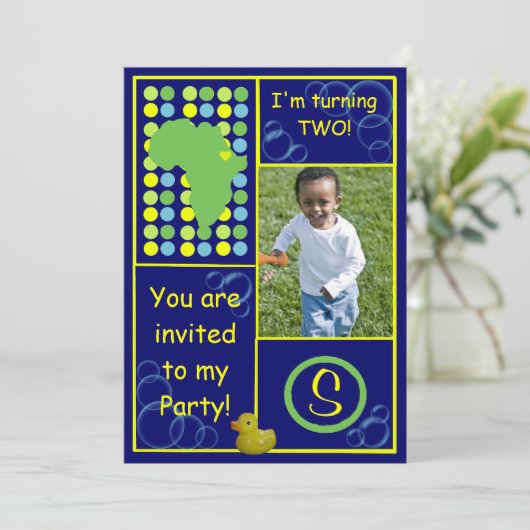Birthday Invite - Dk. Blauwe/gele bubbels, foto Kaart (Staand voorkant)