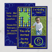 Birthday Invite - Dk. Blauwe/gele bubbels, foto Kaart (Voorkant / Achterkant)