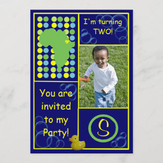 Birthday Invite - Dk. Blauwe/gele bubbels, foto Kaart