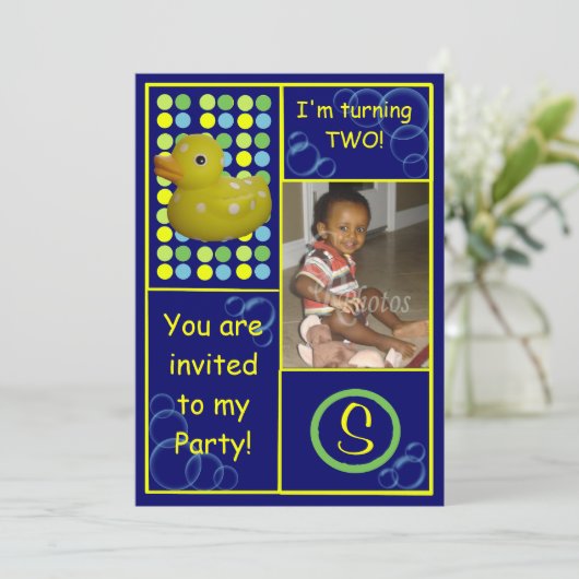 Birthday Invite - Dk.Blue/Yellow Duck, foto Kaart (Staand voorkant)
