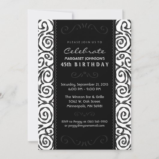 Birthday Invite - Elegant Black & White Swirl Kaart (Voorkant)