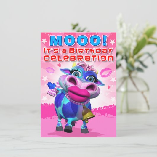 Birthday Invite- Kiss Moo (The GiggleBellies) Kaart (Staand voorkant)
