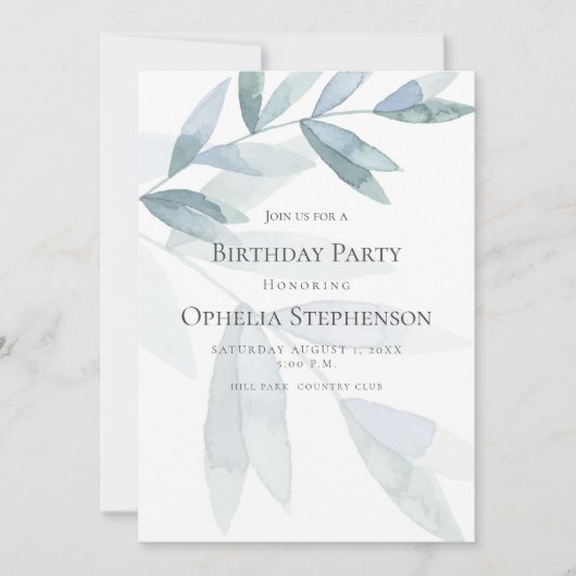 BIRTHDAY INVITE | Stamblauwe Waterverf Eucalyptus Kaart (Voorkant)
