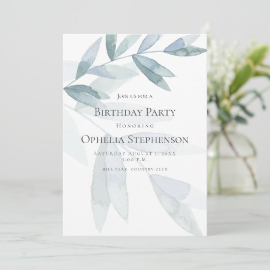BIRTHDAY INVITE | Stamblauwe Waterverf Eucalyptus Kaart (Staand voorkant)