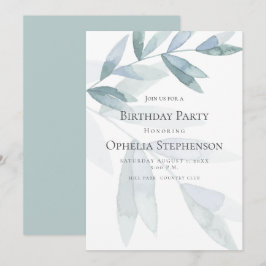 BIRTHDAY INVITE | Stamblauwe Waterverf Eucalyptus Kaart