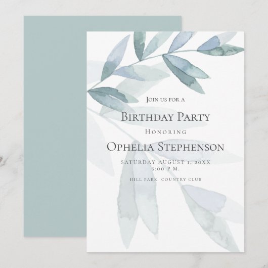 BIRTHDAY INVITE | Stamblauwe Waterverf Eucalyptus Kaart (Voorkant / Achterkant)