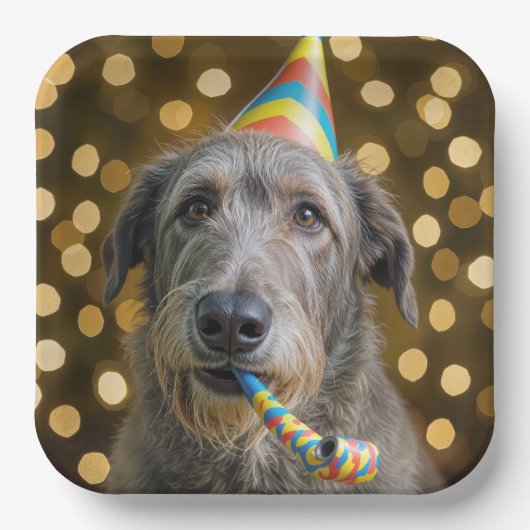 Birthday Irish Wolfhound Dog With Party Hat Papieren Bordje (Voorkant)