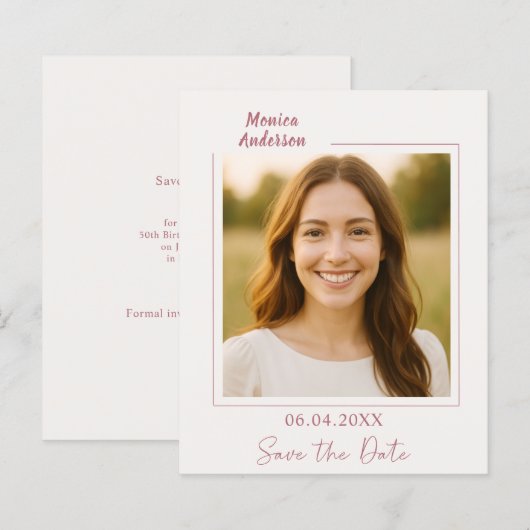 Birthday ivory rose gold photo Save the Date card (Voorkant / Achterkant)