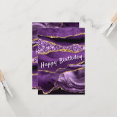 Birthday Kaart Agate Paars Gold Glitter Marble (Voorkant / Achterkant in situ)