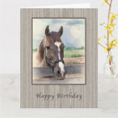 Birthday-kaart, bruin paard met bridle kaart (Gele Bloem)