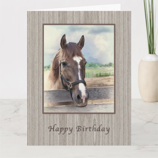 Birthday-kaart, bruin paard met bridle kaart (Voorkant)