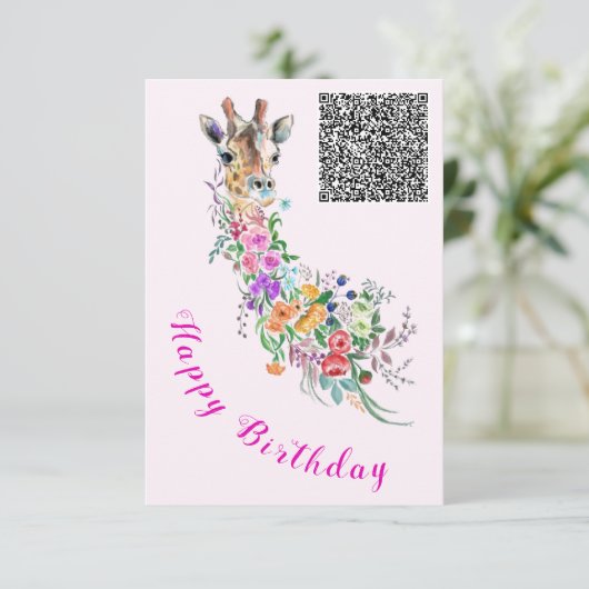 Birthday Kaart Flowers Bouquet Giraffe QR Code Wis (Staand voorkant)