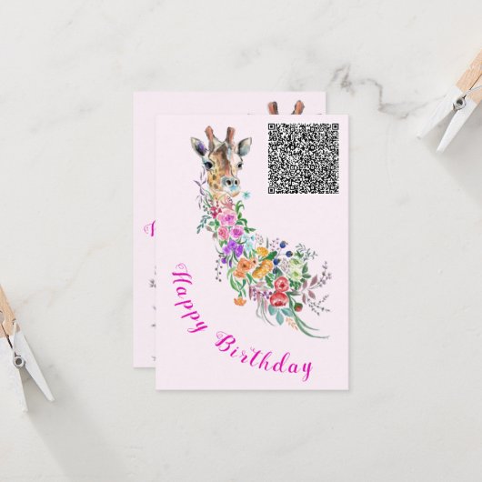 Birthday Kaart Flowers Bouquet Giraffe QR Code Wis (Voorkant / Achterkant in situ)