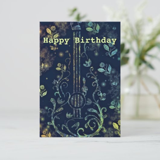 Birthday Kaart Flowers Guitar Musical (Staand voorkant)