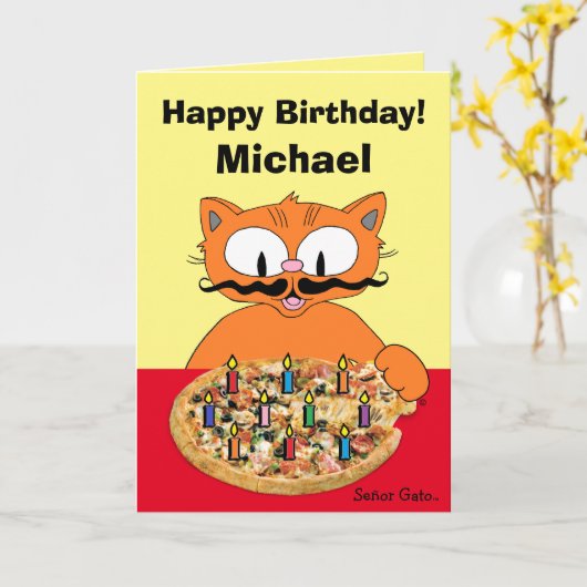Birthday Kaart - gepersonaliseerde Pizza Party Cat (Gele Bloem)