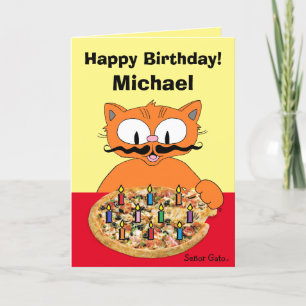 Birthday Kaart - gepersonaliseerde Pizza Party Cat